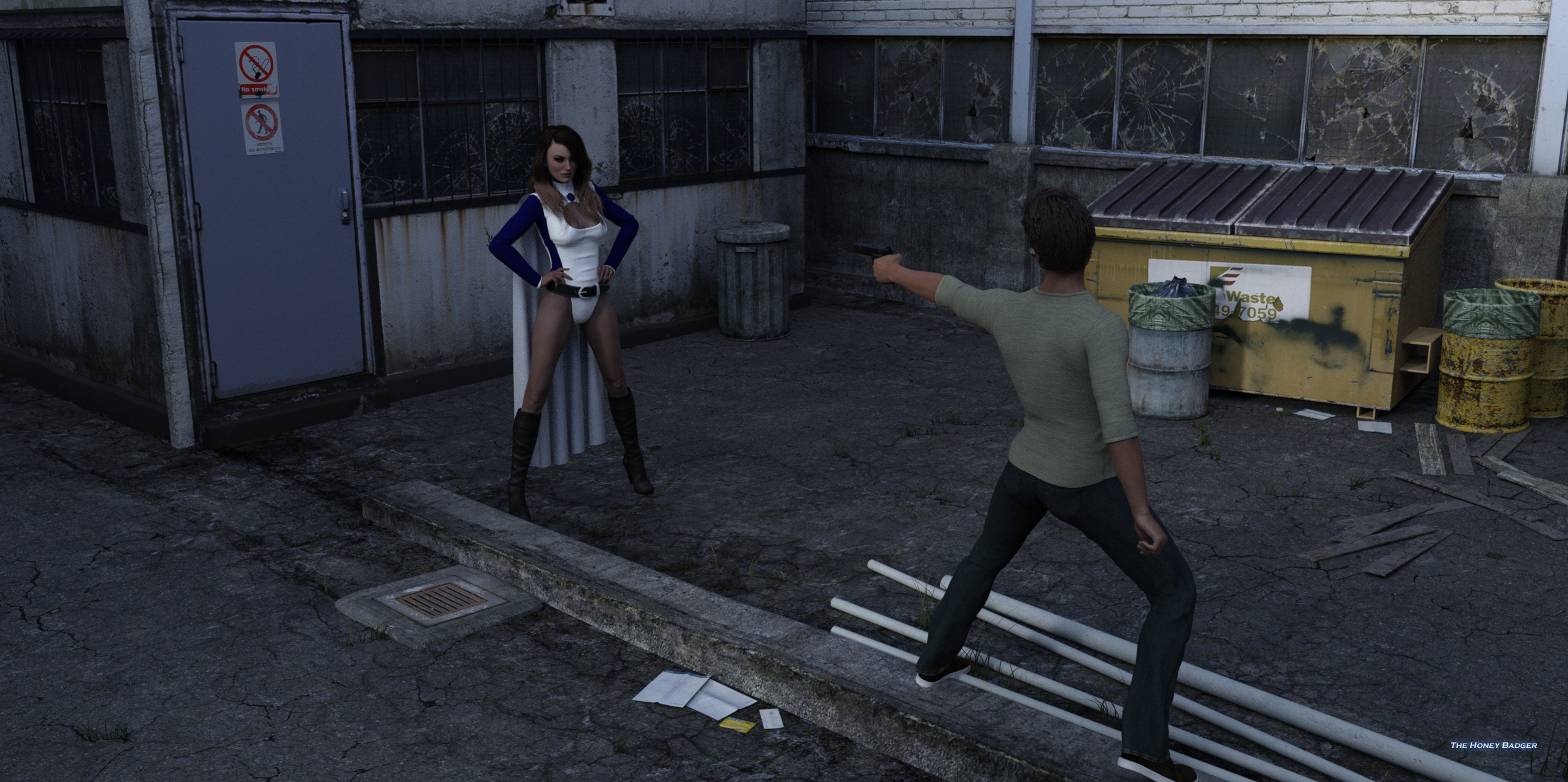 Our overconfident heroine is oblivious to the criminal's special bullets...