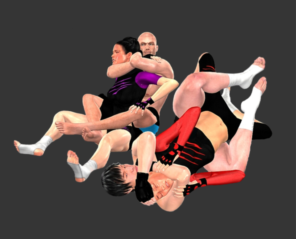 Rear naked choke, Anaconda choke, D'Arce choke, Gogoplata, Guillotine choke, Triangle choke, etc.  Take your pick.  (Poses pictured modeled by Desert Lion)